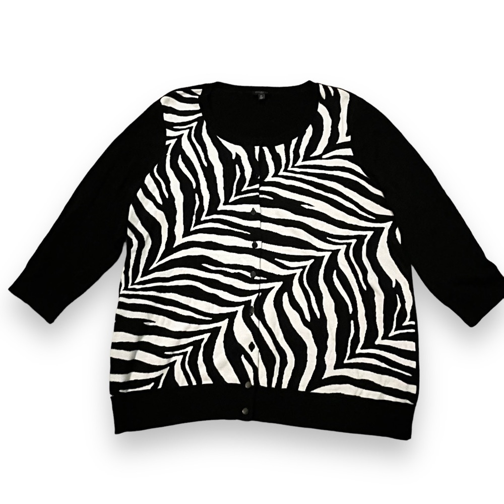 Talbots Cardigan Sweater Size 1X Zebra Print Black White Classic 3/4 sleeve